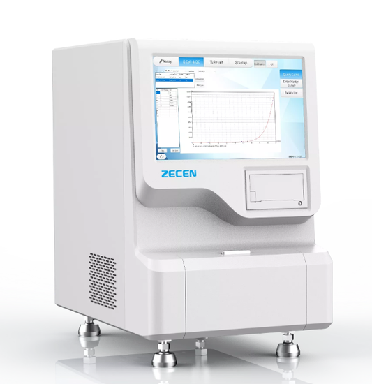 White medical device with a screen displaying software interface on a white background